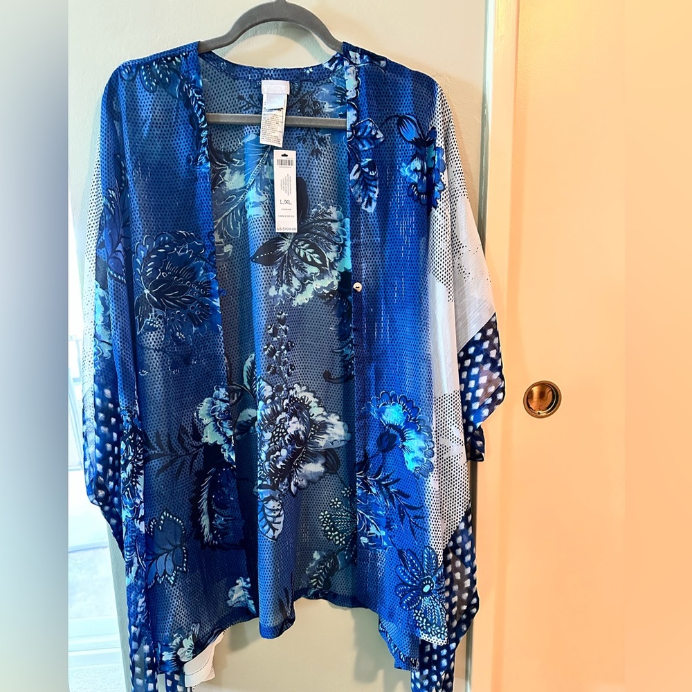 Chico’s Floral Daydream Button Front Ruana, Cover-Up, Navy, Size L/XL, NEW